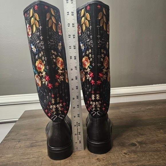 Johnny Was Embroidered Knee High Tall Riding Boots Pull On Boho Black Size 6 New - Picture 6 of 11